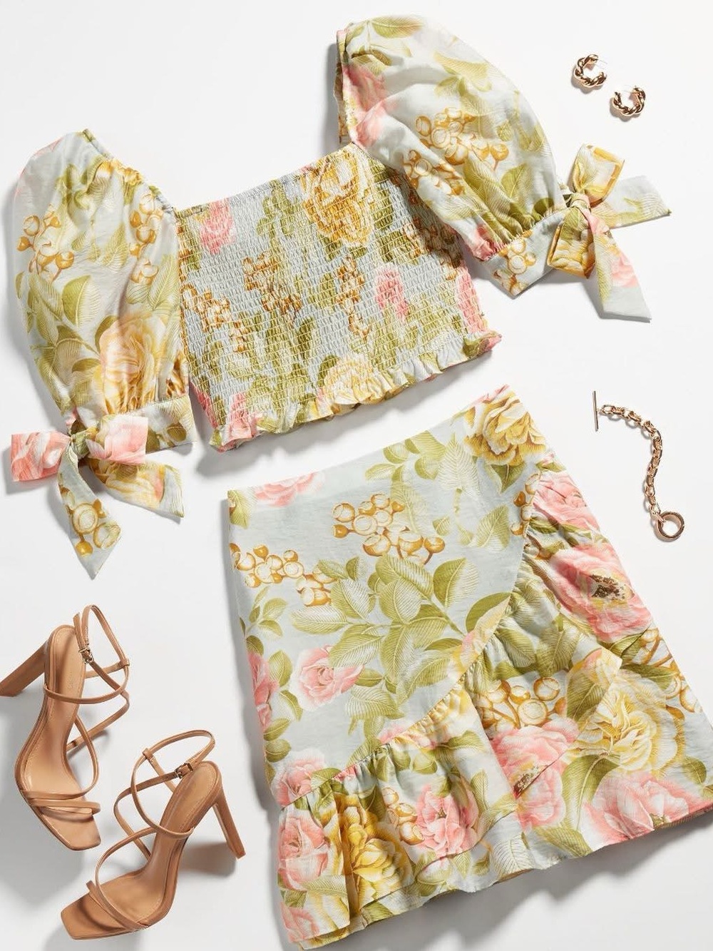Express Pastel Floral Ruffle Mini Skirt Set top xs skirt 00